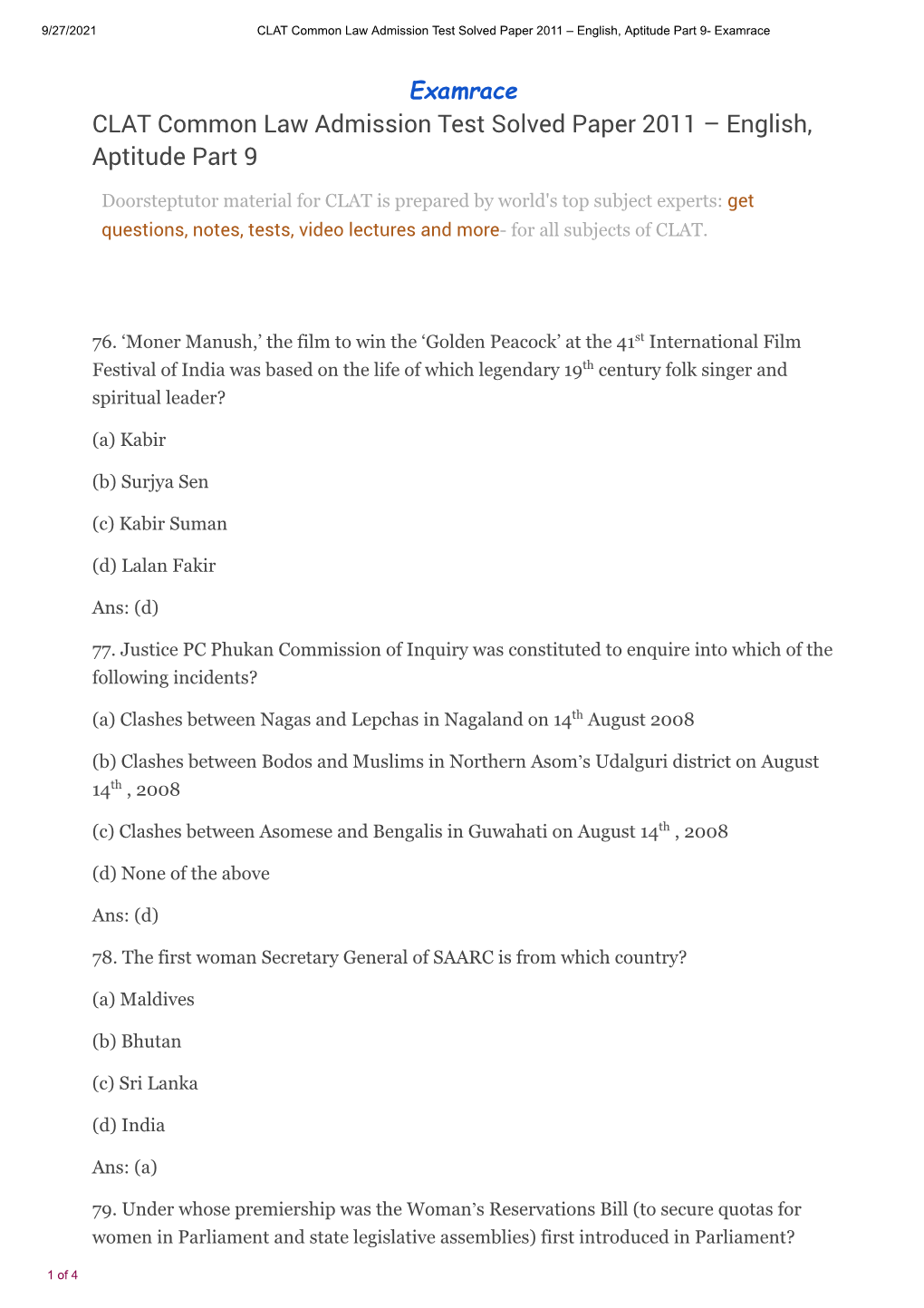 CLAT Common Law Admission Test Solved Paper 2011 – English, Aptitude Part 9- Examrace