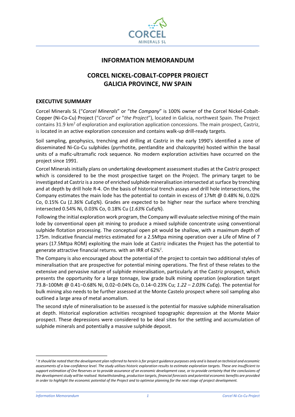 Information Memorandum Corcel Nickel-Cobalt-Copper Project Galicia Province, Nw Spain
