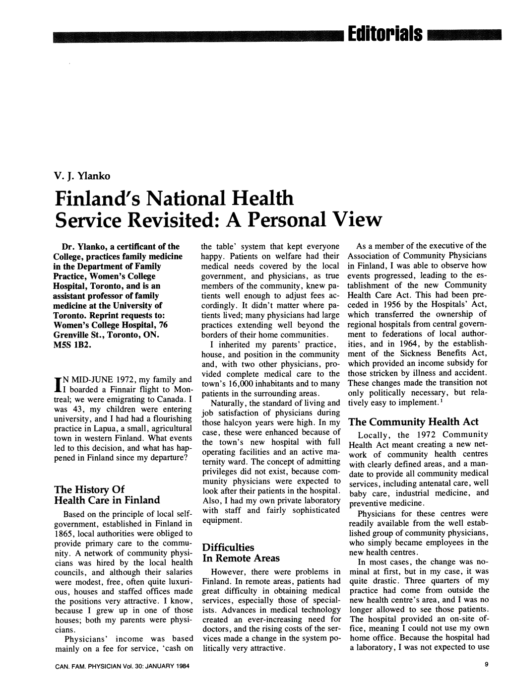 Ceditoriasl Finland's National Health Service Revisited