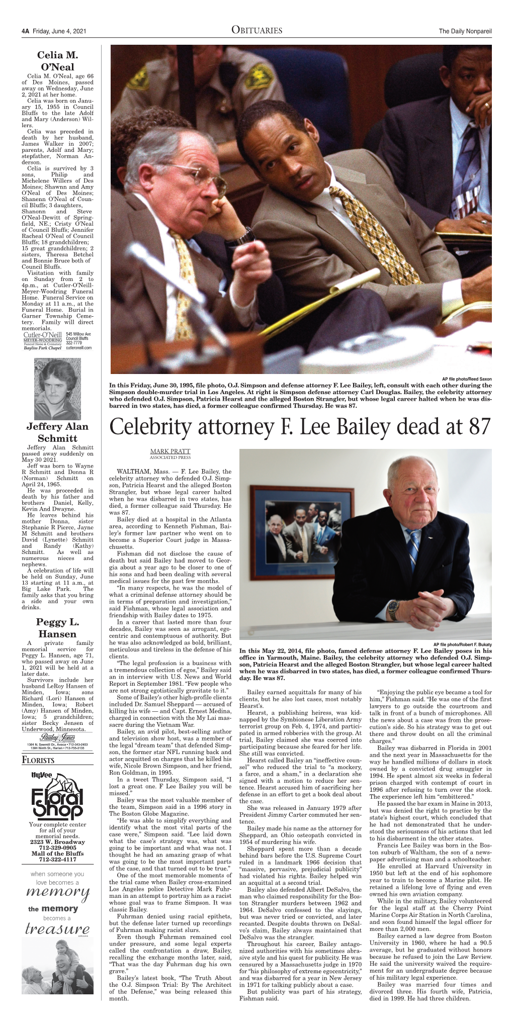 Celebrity Attorney F. Lee Bailey Dead at 87 Schmitt Jeffery Alan Schmitt Passed Away Suddenly on MARK PRATT May 30 2021