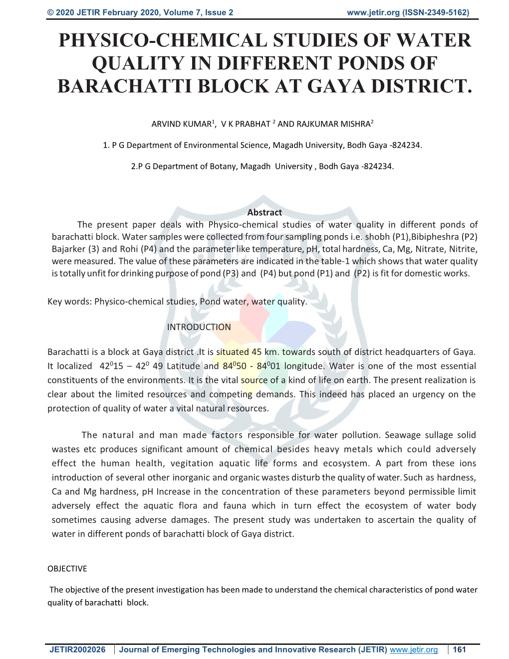 Physico-Chemical Studies of Water Quality in Different Ponds of Barachatti Block at Gaya District