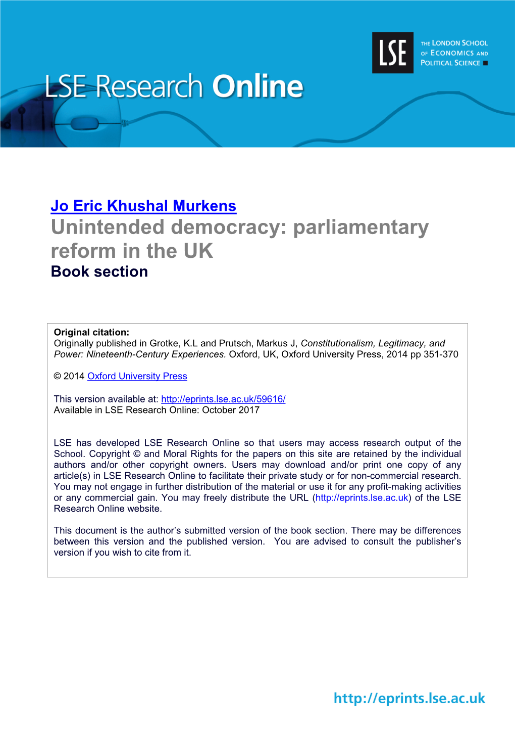 Unintended Democracy: Parliamentary Reform in the UK Book Section