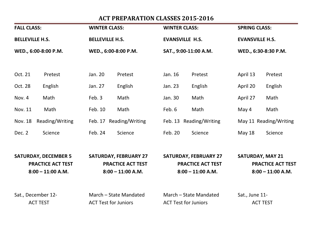 Act Preparation Classes 2015-2016