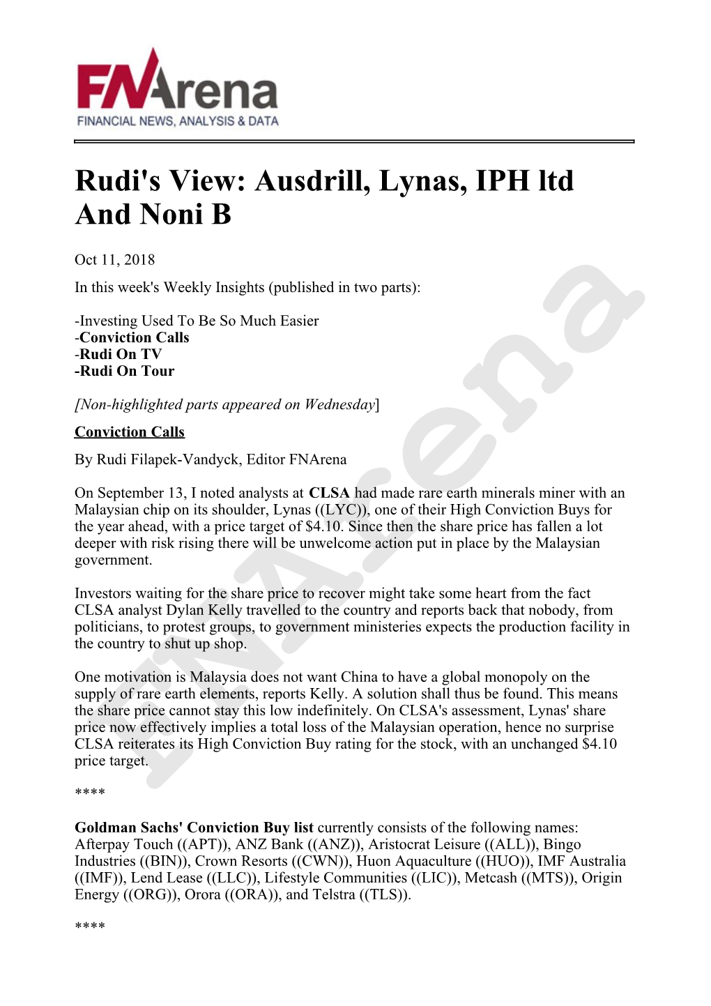 Ausdrill, Lynas, IPH Ltd and Noni B