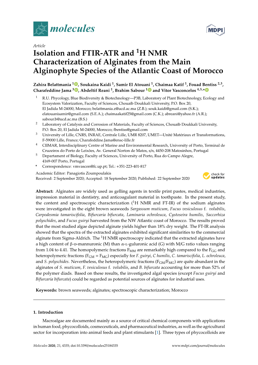 Isolation and FTIR-ATR and 1H NMR Characterization of Alginates from the Main Alginophyte Species of the Atlantic Coast of Morocco