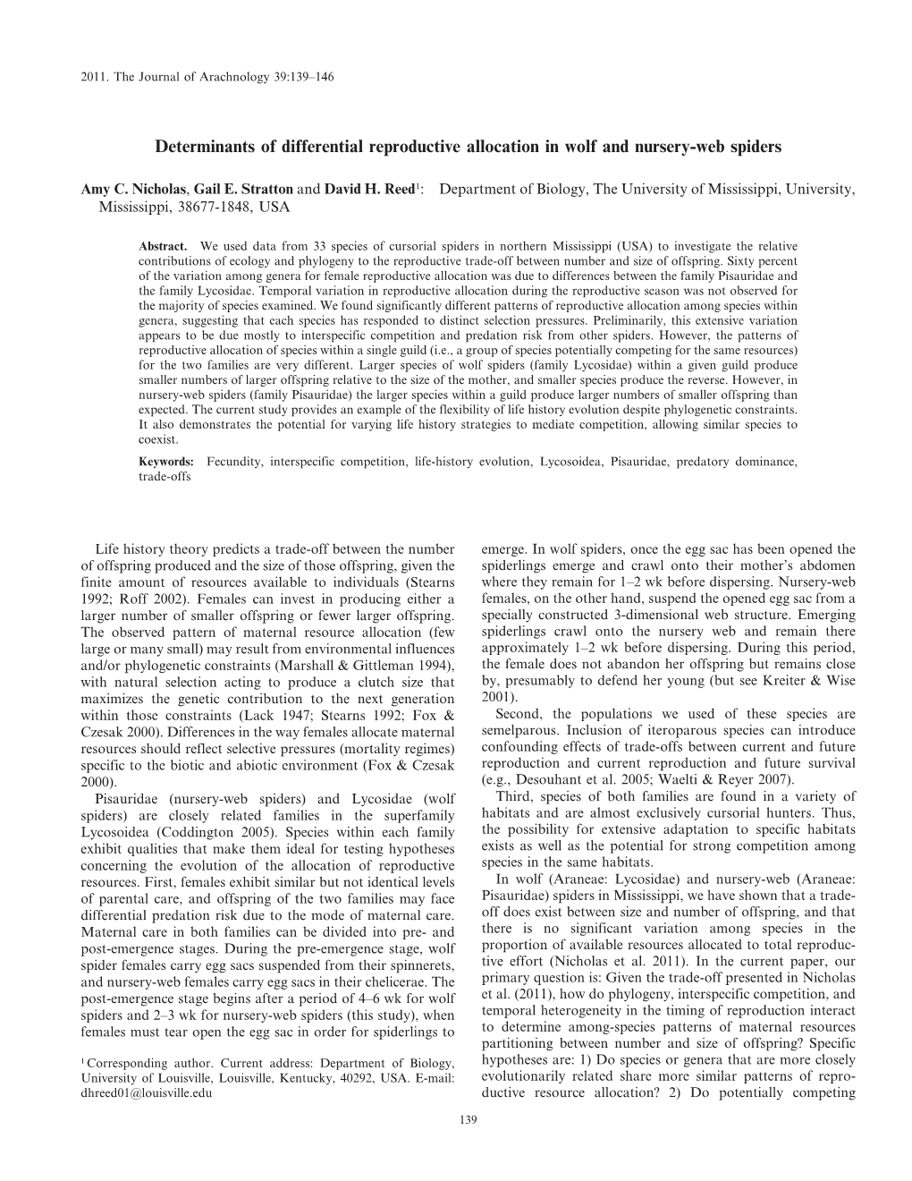 Determinants of Differential Reproductive Allocation in Wolf and Nursery-Web Spiders