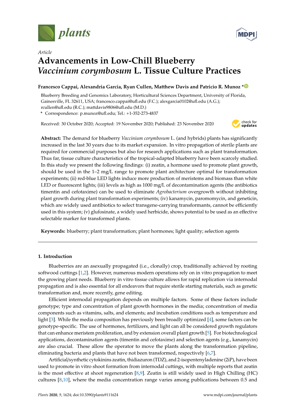 Advancements in Low-Chill Blueberry Vaccinium Corymbosum L. Tissue Culture Practices