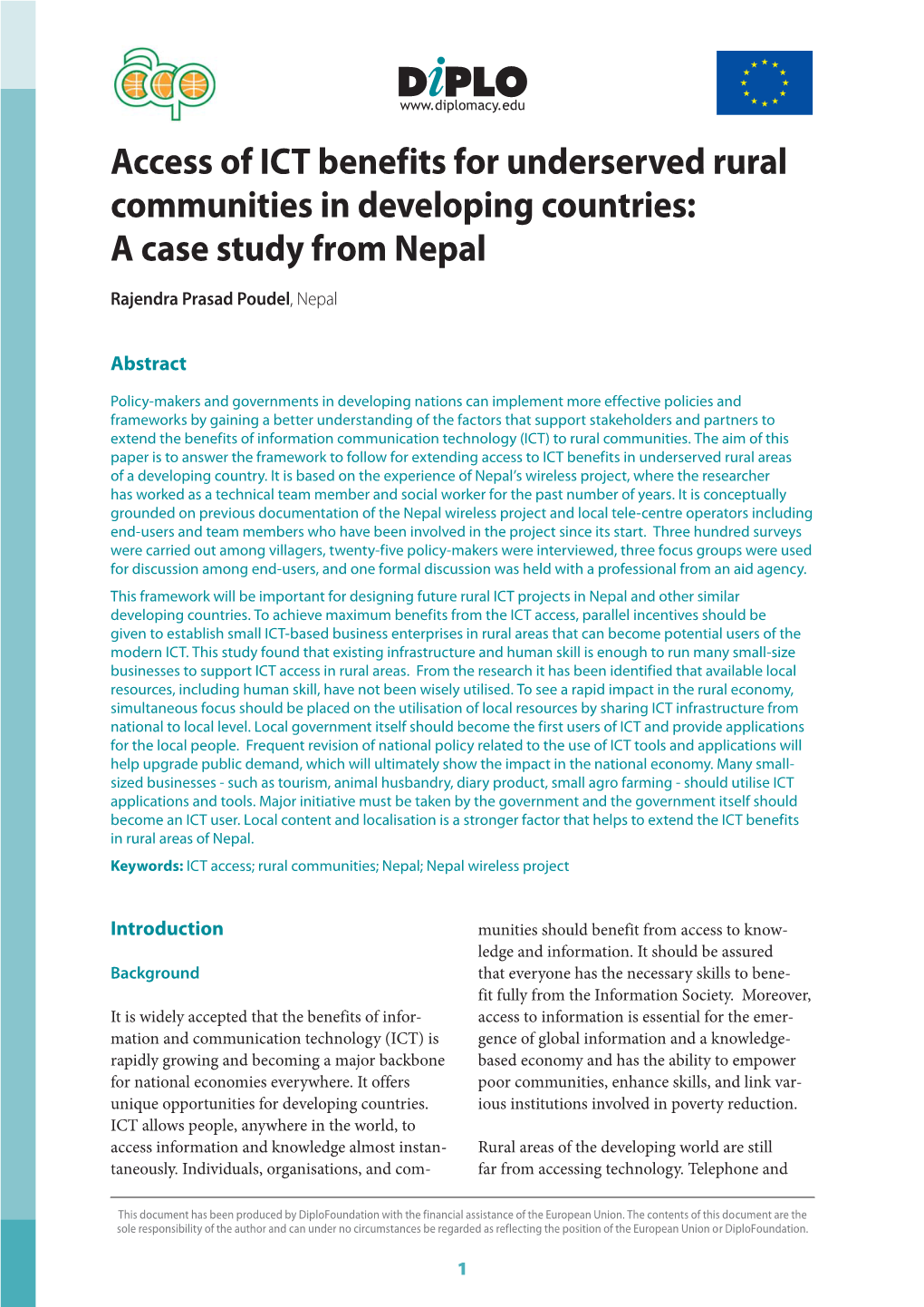 Access of ICT Benefits for Underserved Rural Communities in Developing Countries: a Case Study from Nepal