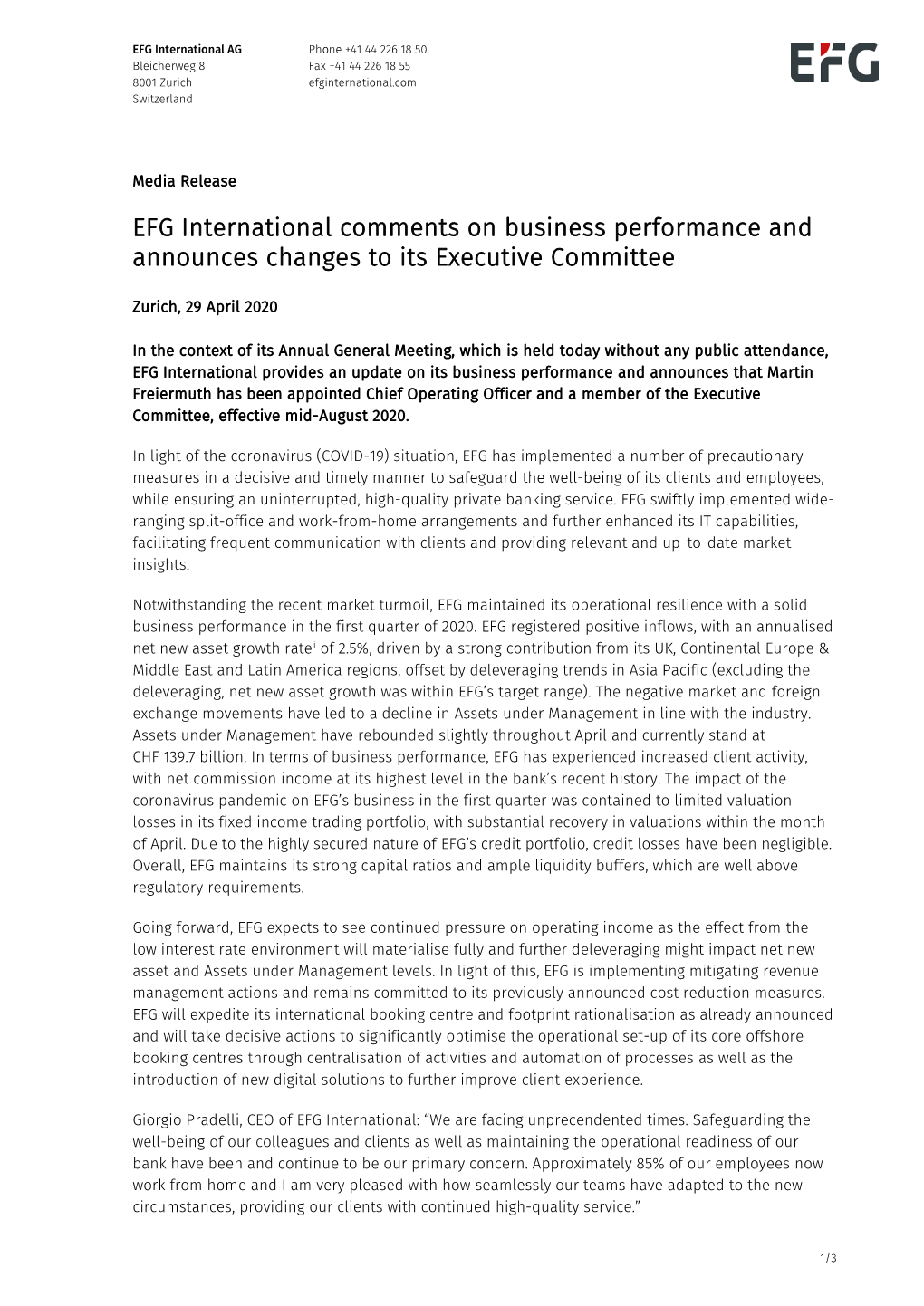 EFG International Comments on Business Performance and Announces Changes to Its Executive Committee