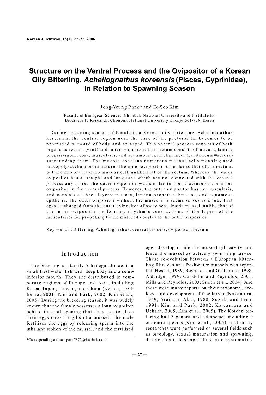 Structure on the Ventral Process and the Ovipositor of a Korean Oily Bitterling, Acheilognathus Koreensis (Pisces, Cyprinidae), in Relation to Spawning Season