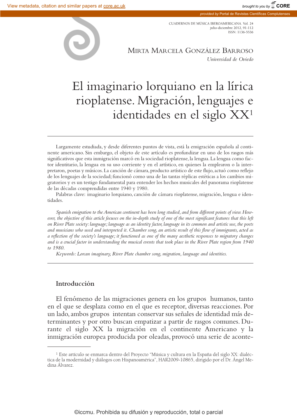 El Imaginario Lorquiano En La Lírica Rioplatense. Migración, Lenguajes E Identidades En El Siglo XX1