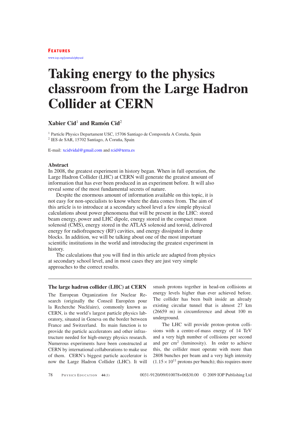 Taking Energy to the Physics Classroom from the Large Hadron Collider at CERN