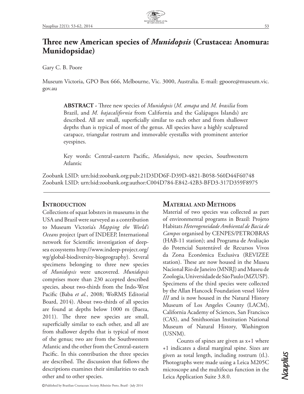 Three New American Species of Munidopsis (Crustacea: Anomura: Munidopsidae)