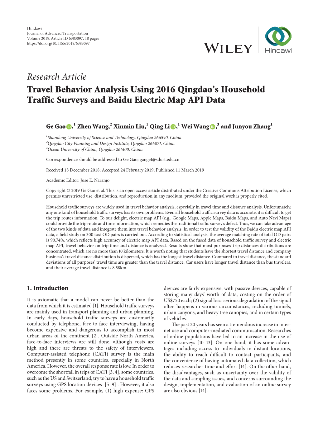Research Article Travel Behavior Analysis Using 2016 Qingdao's