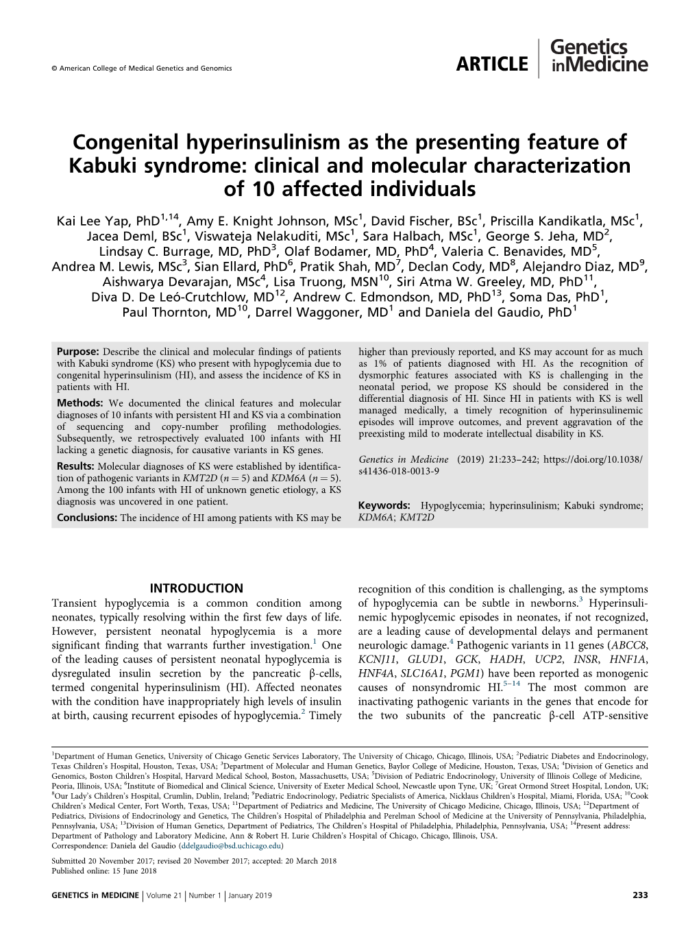 Congenital Hyperinsulinism As the Presenting Feature of Kabuki Syndrome: Clinical and Molecular Characterization of 10 Affected Individuals