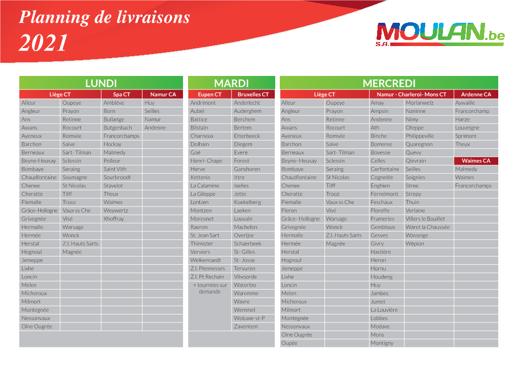 Planning De Livraisons 2021