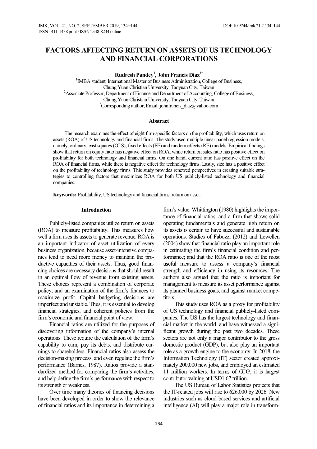 Factors Affecting Return on Assets of Us Technology and Financial Corporations