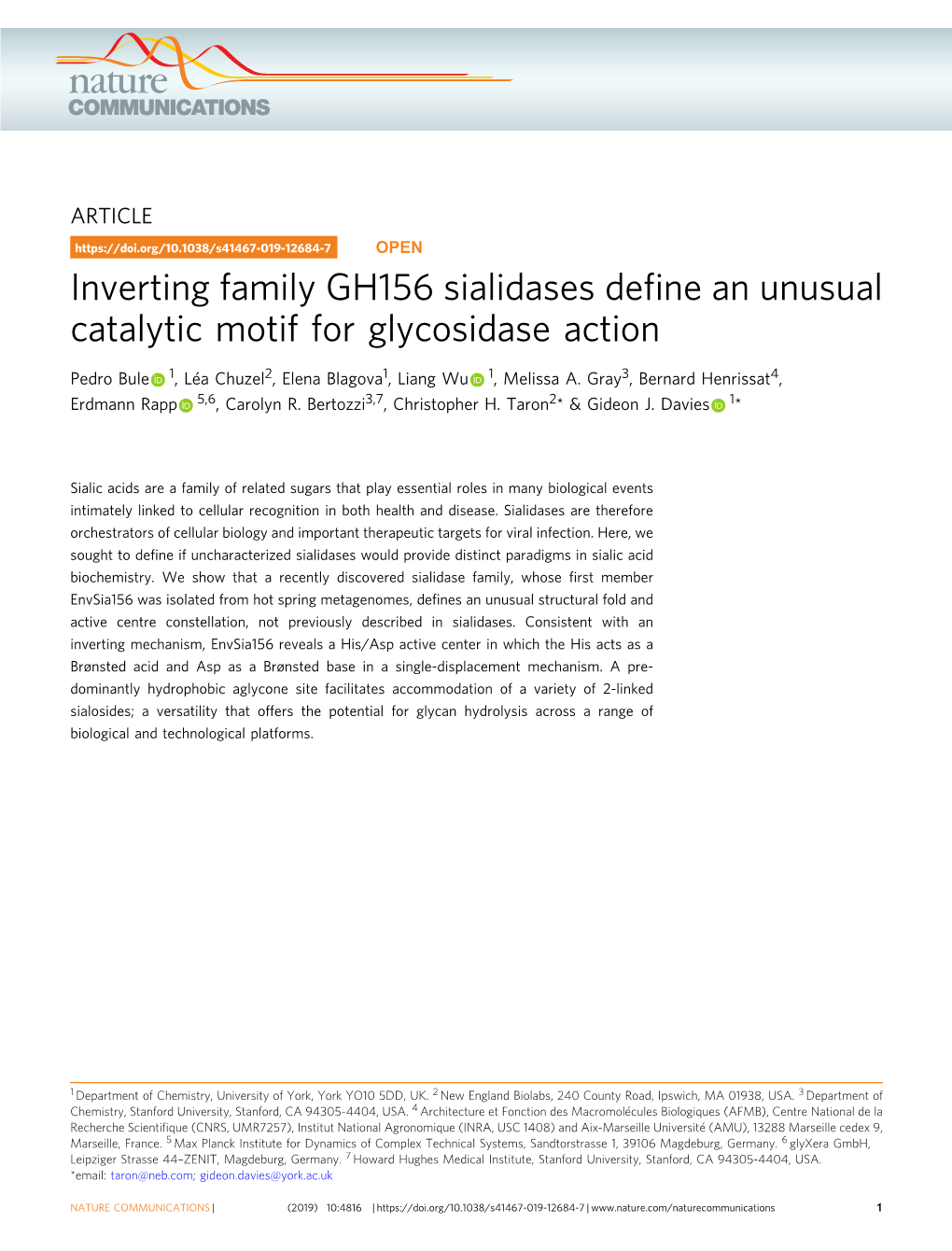 Inverting Family GH156 Sialidases Define an Unusual Catalytic Motif for Glycosidase Action