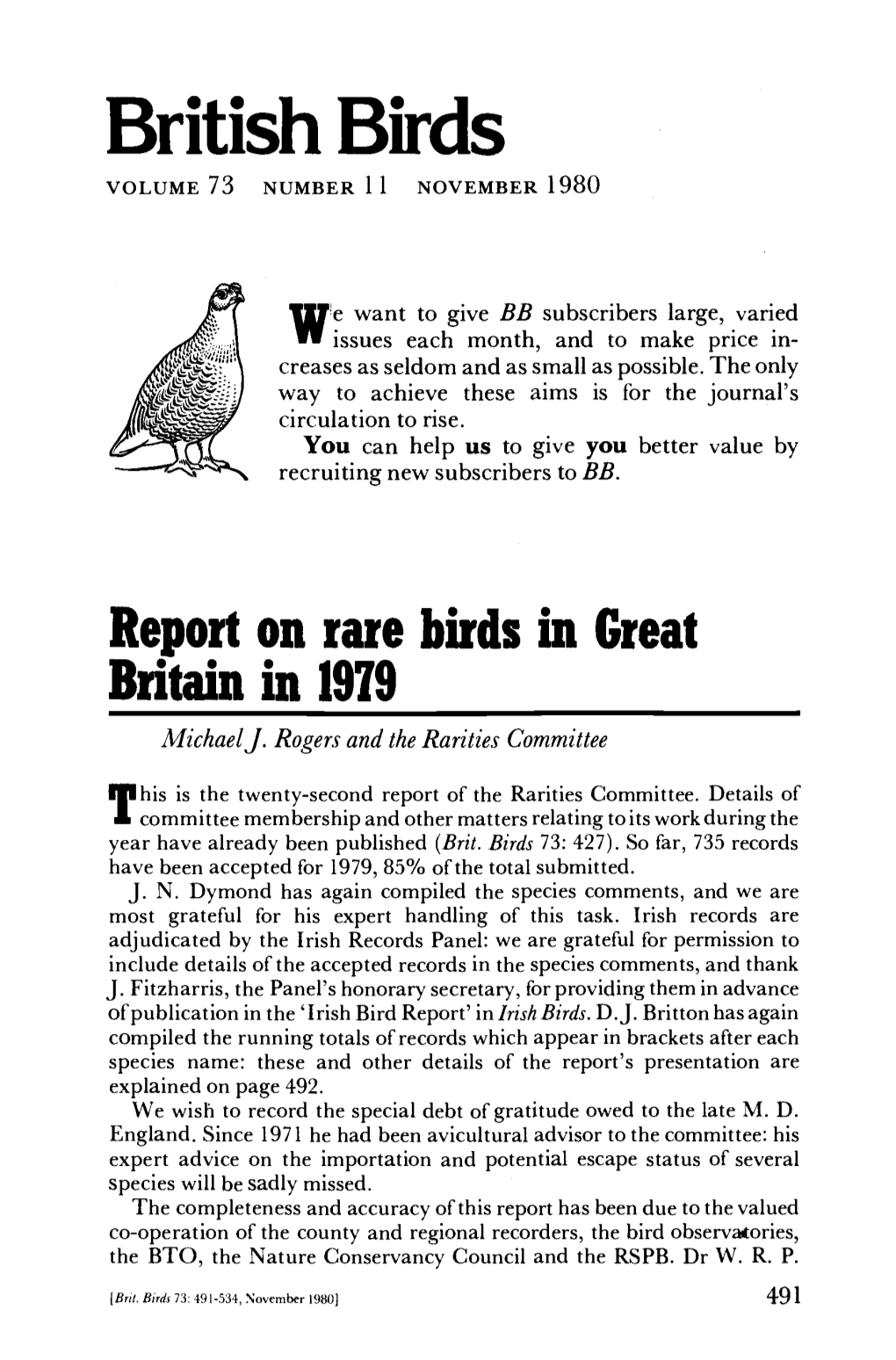 Report on Rare Birds in Great Britain in 1979 Michael J