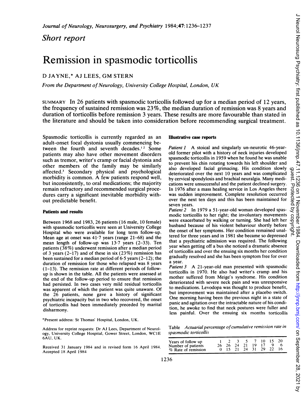 Remission in Spasmodic Torticollis