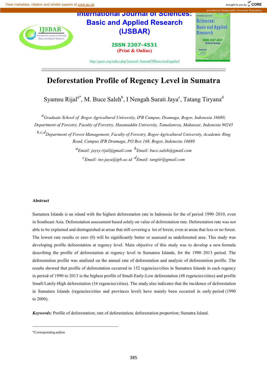 Deforestation Profile of Regency Level in Sumatra