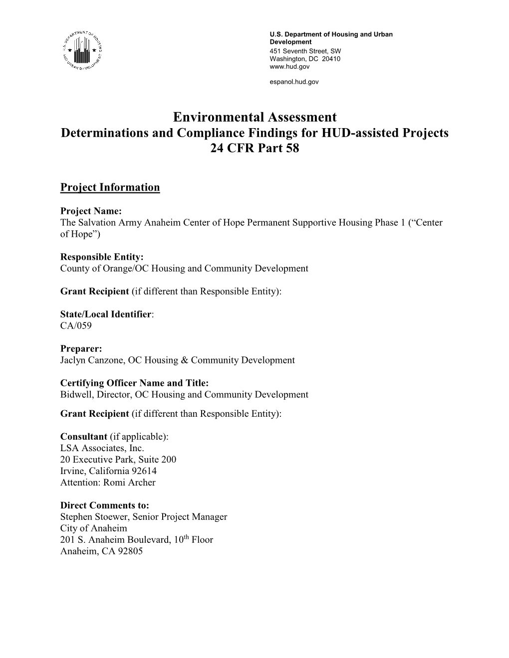 Environmental Assessment Determinations and Compliance Findings for HUD-Assisted Projects 24 CFR Part 58