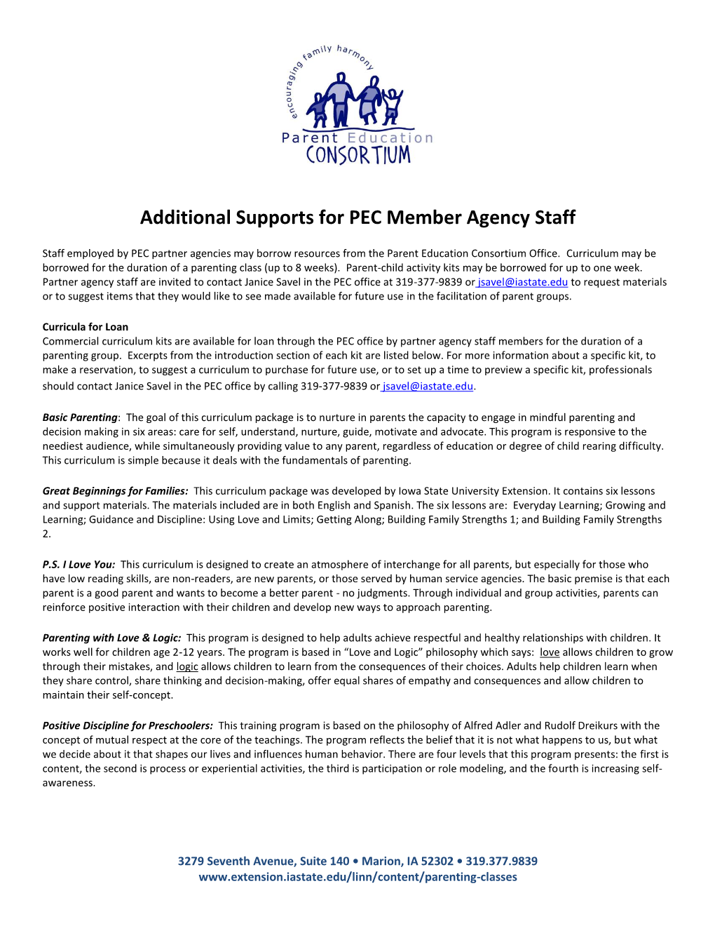 Additional Supports for PEC Member Agency Staff