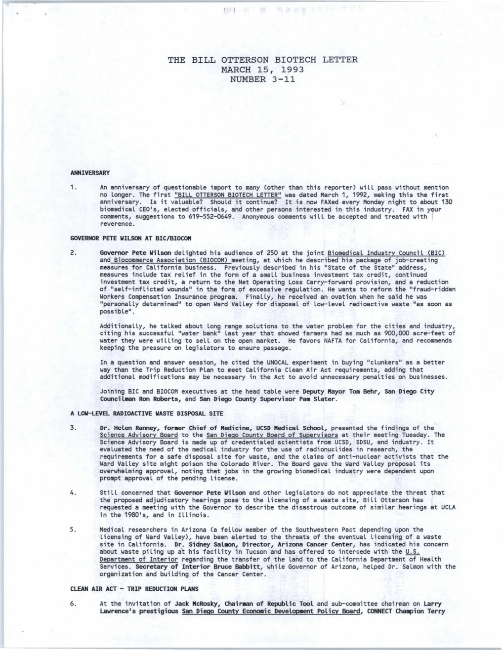 The Bill Otterson Biotech Letter March 15, 1993 Number 3-11