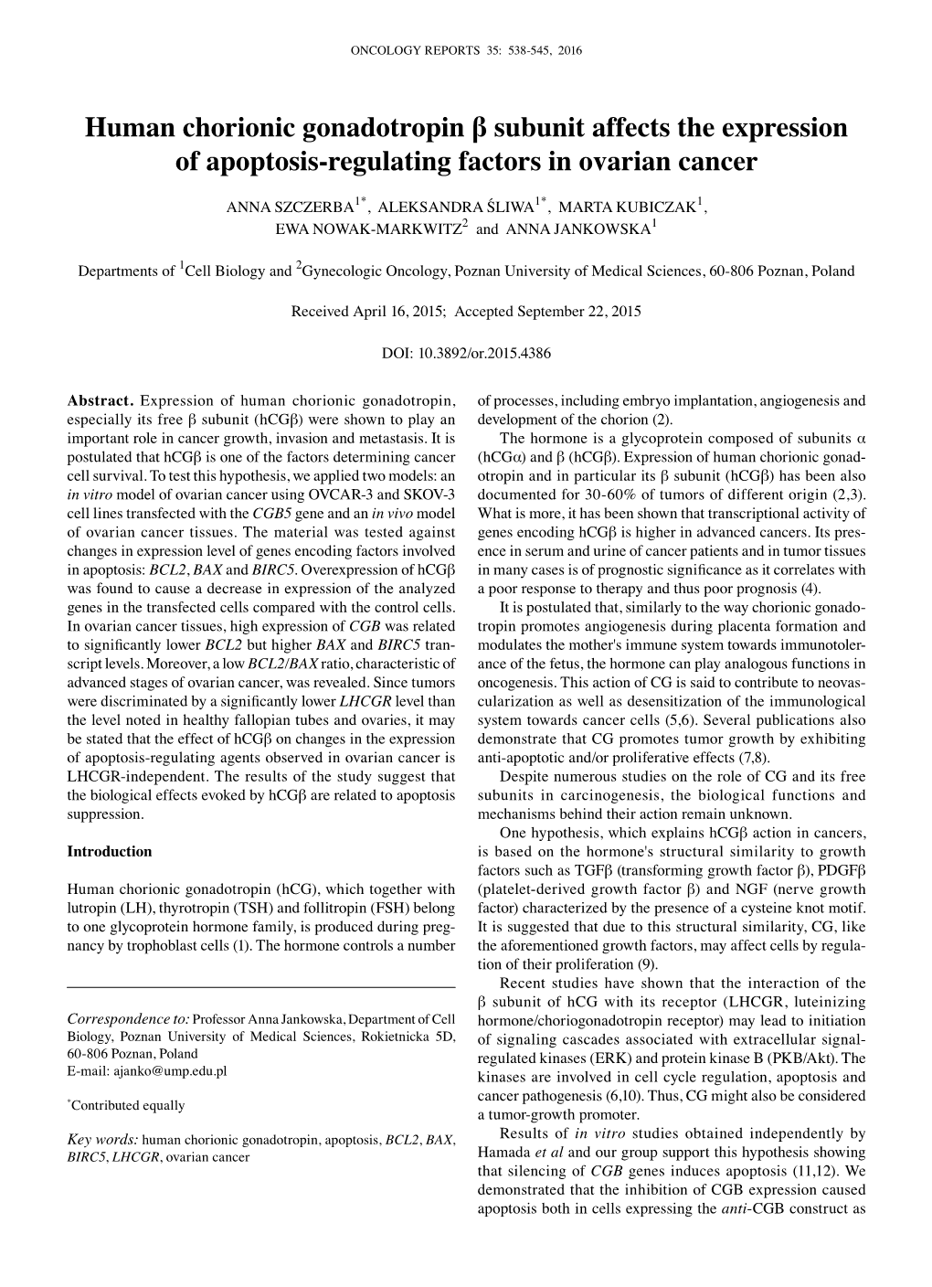 Human Chorionic Gonadotropin Β Subunit Affects the Expression of Apoptosis-Regulating Factors in Ovarian Cancer