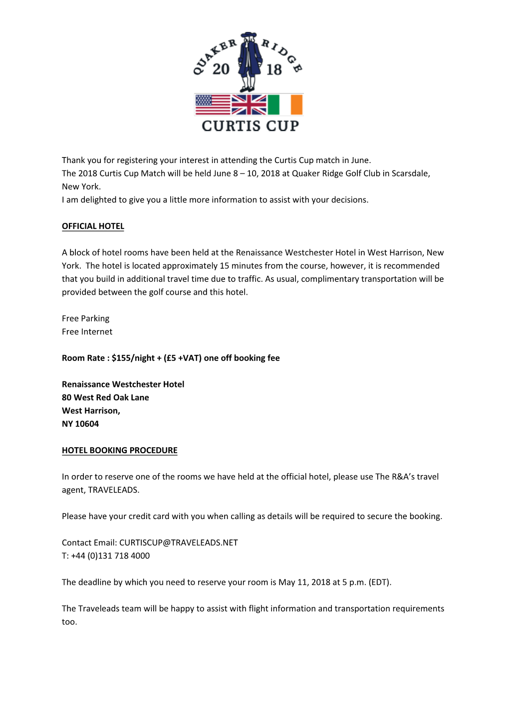 Thank You for Registering Your Interest in Attending the Curtis Cup Match in June