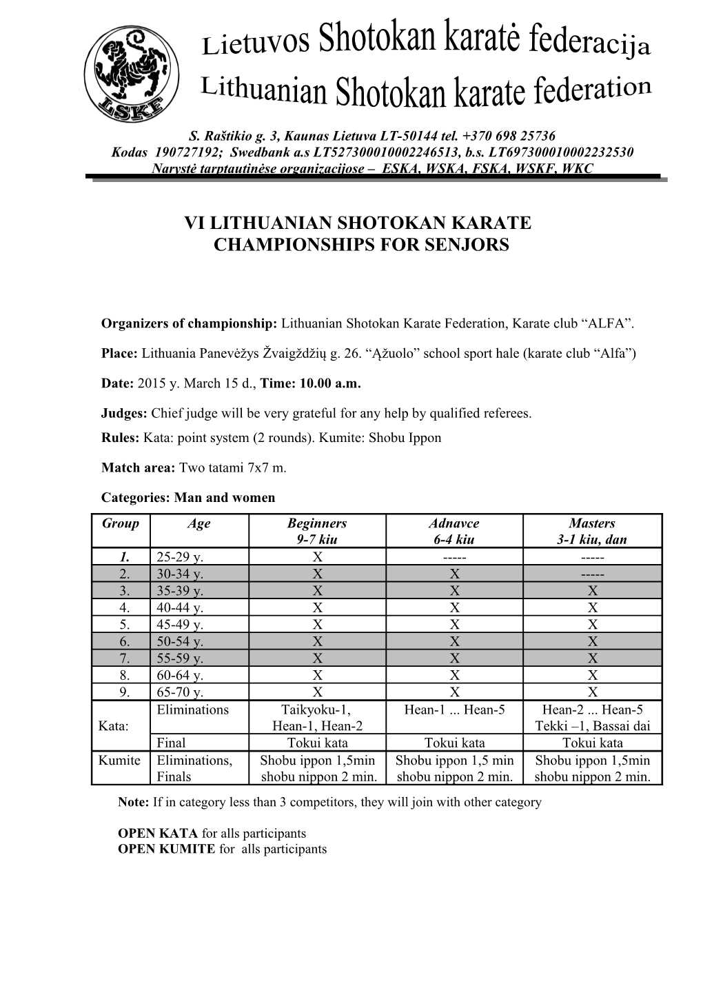 Organizers of Championship: Lithuanian Shotokan Karate Federation, Karate Club ALFA