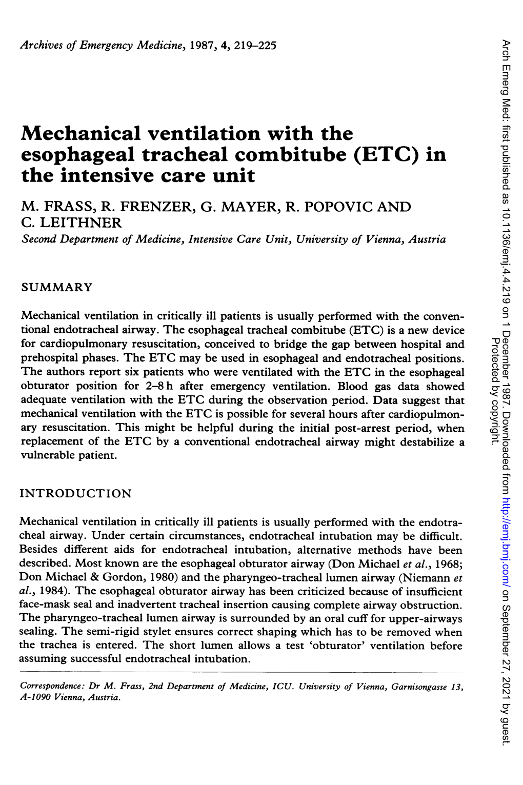 Esophageal Tracheal Combitube (ETC) in the Intensive Care Unit M