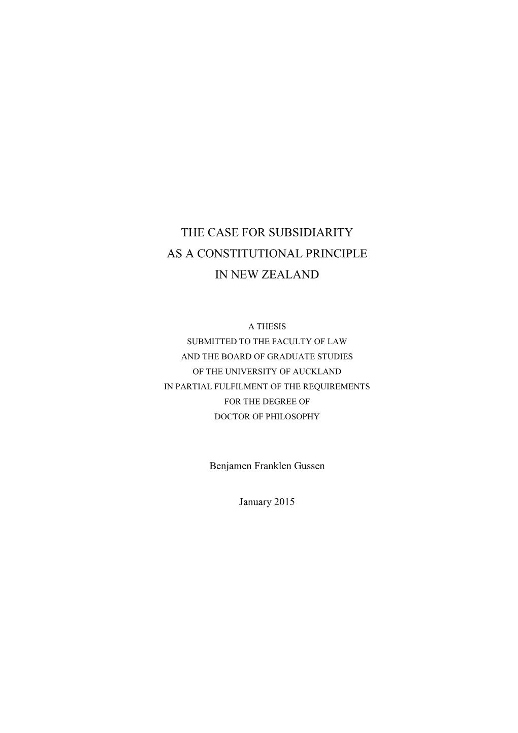 The Case for Subsidiarity As a Constitutional Principle in New Zealand