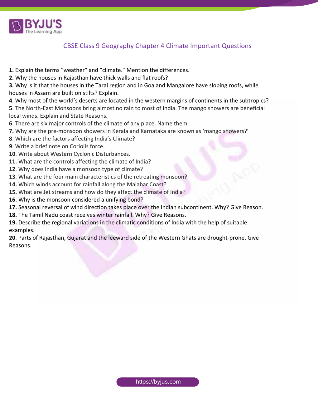 CBSE Class 9 Geography Chapter 4 Climate Important Questions