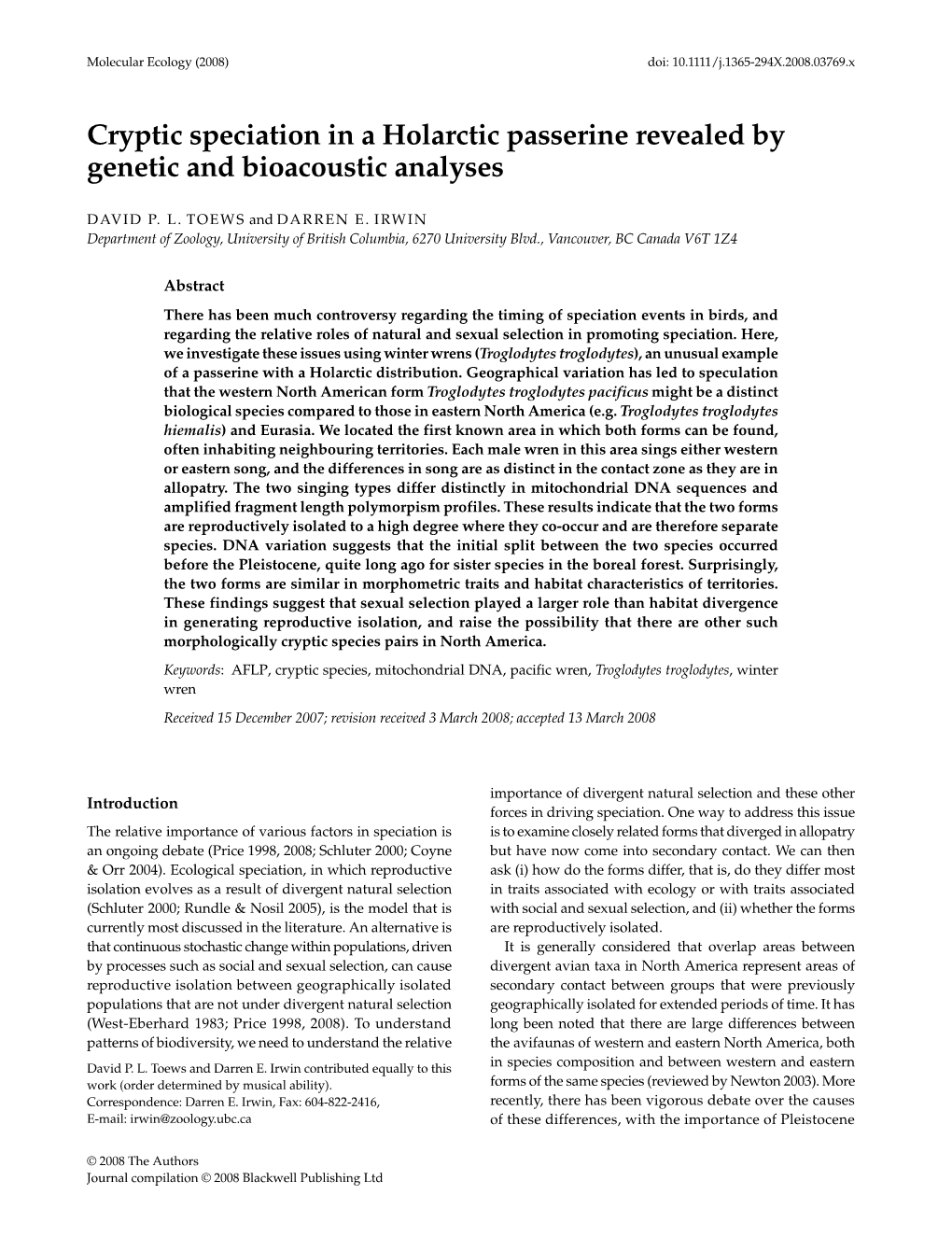 Cryptic Speciation in a Holarctic Passerine