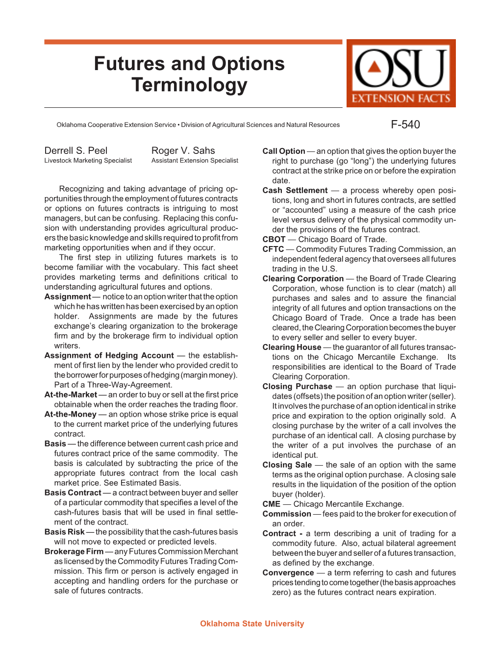 F-540, Futures and Options Terminology