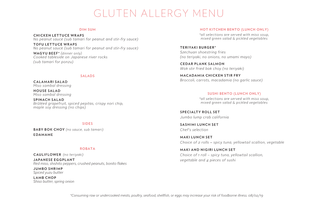 Gluten Allergy Menu