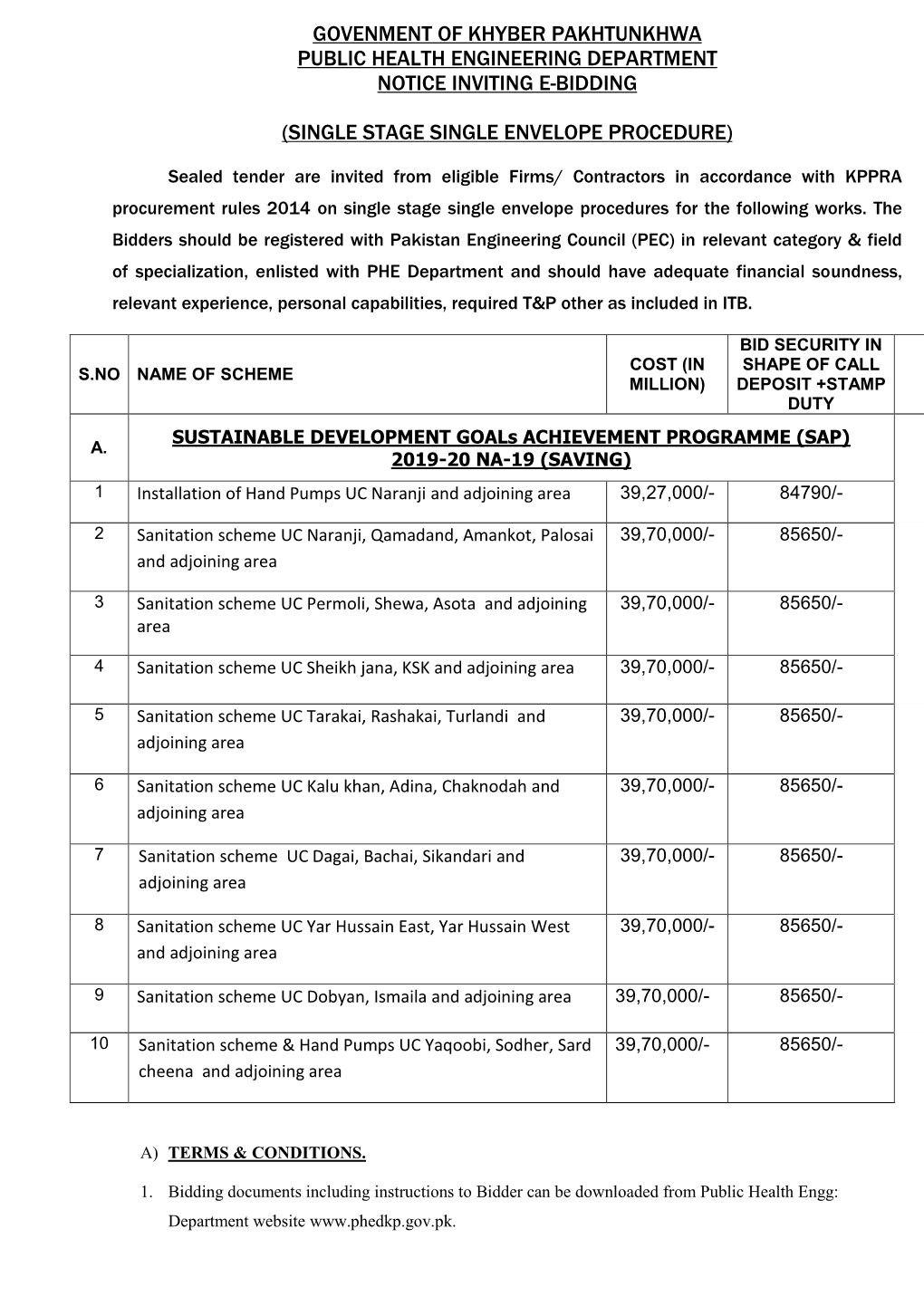 Govenment of Khyber Pakhtunkhwa Public Health Engineering Department Notice Inviting E-Bidding