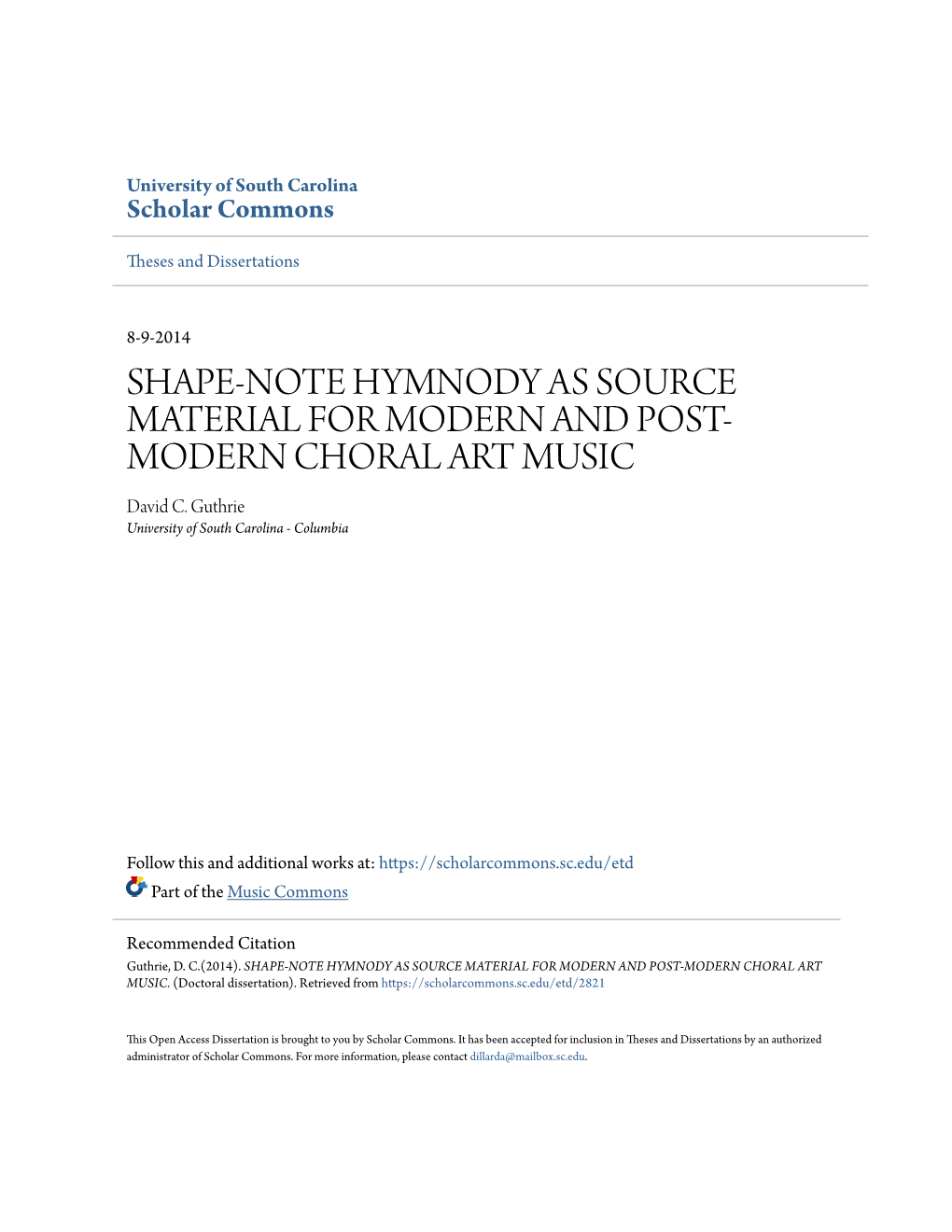 Shape-Note Hymnody As Source Material for Modern and Post-Modern Choral Art Music