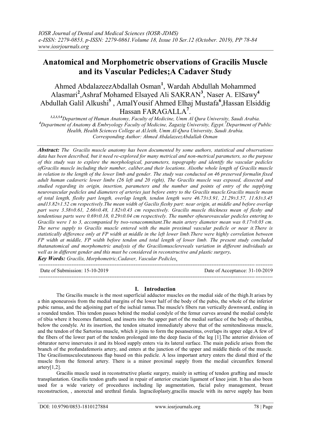 Anatomical and Morphometric Observations of Gracilis Muscle and Its Vascular Pedicles;A Cadaver Study