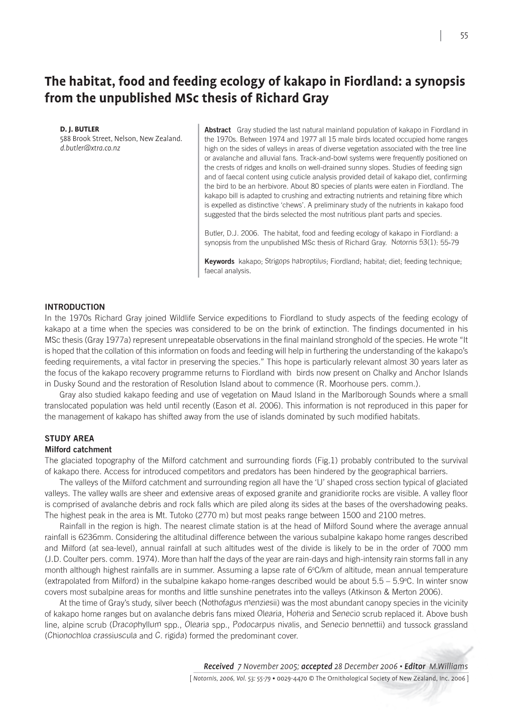 The Habitat, Food and Feeding Ecology of Kakapo in Fiordland: a Synopsis from the Unpublished Msc Thesis of Richard Gray