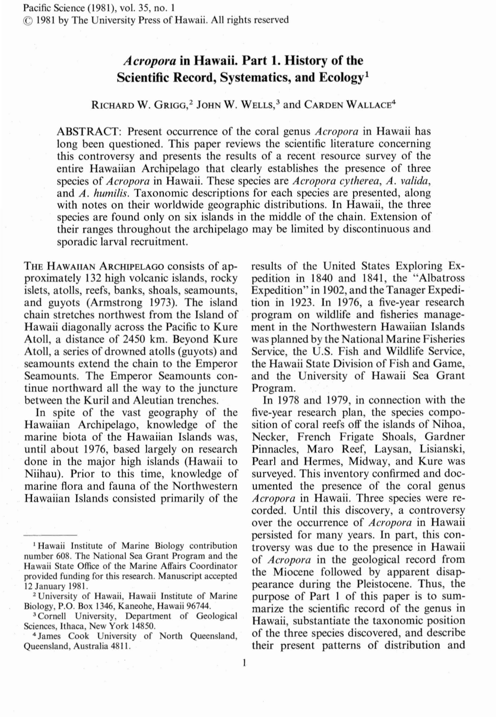 Acropora in Hawaii. Part 1. History of the Scientific Record, Systematics