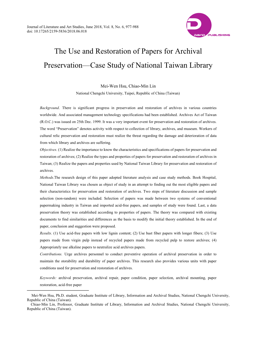 The Use and Restoration of Papers for Archival Preservation—Case Study of National Taiwan Library