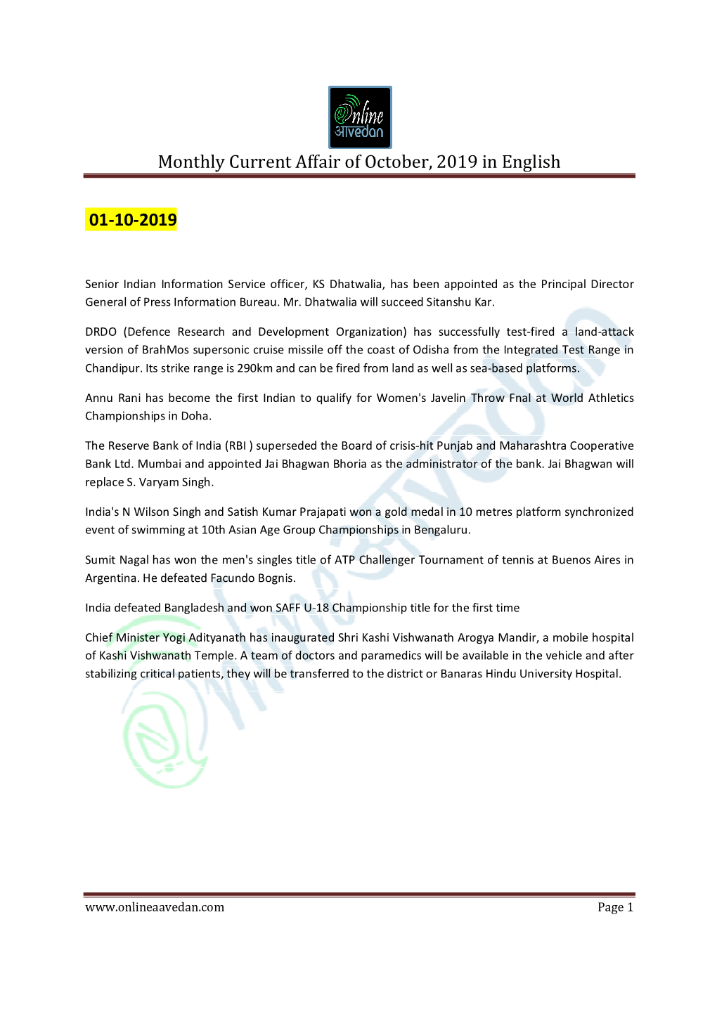 Monthly Current Affair of October, 2019 in English 01-10-2019