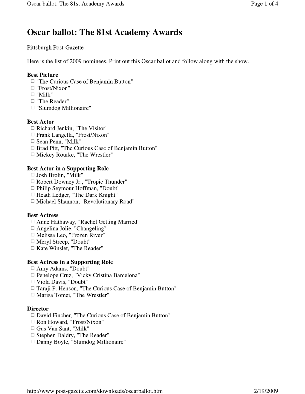 Oscar Ballot: the 81St Academy Awards Page 1 of 4