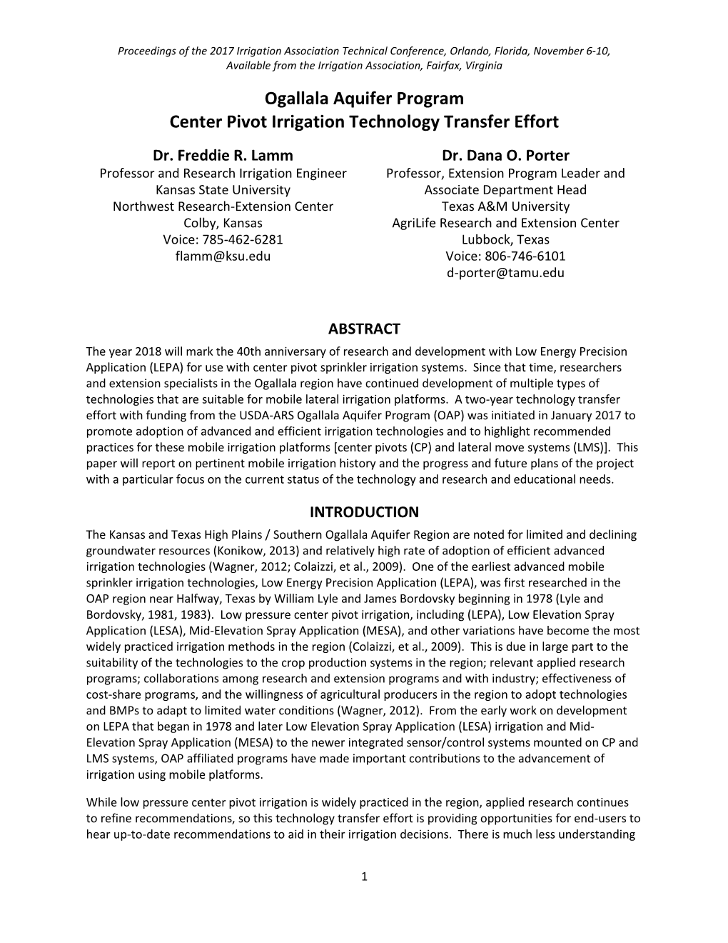 Ogallala Aquifer Program Center Pivot Irrigation Technology Transfer Effort Dr