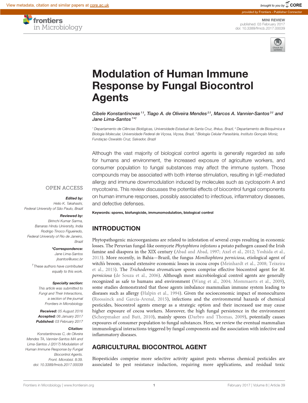 Modulation of Human Immune Response by Fungal Biocontrol Agents