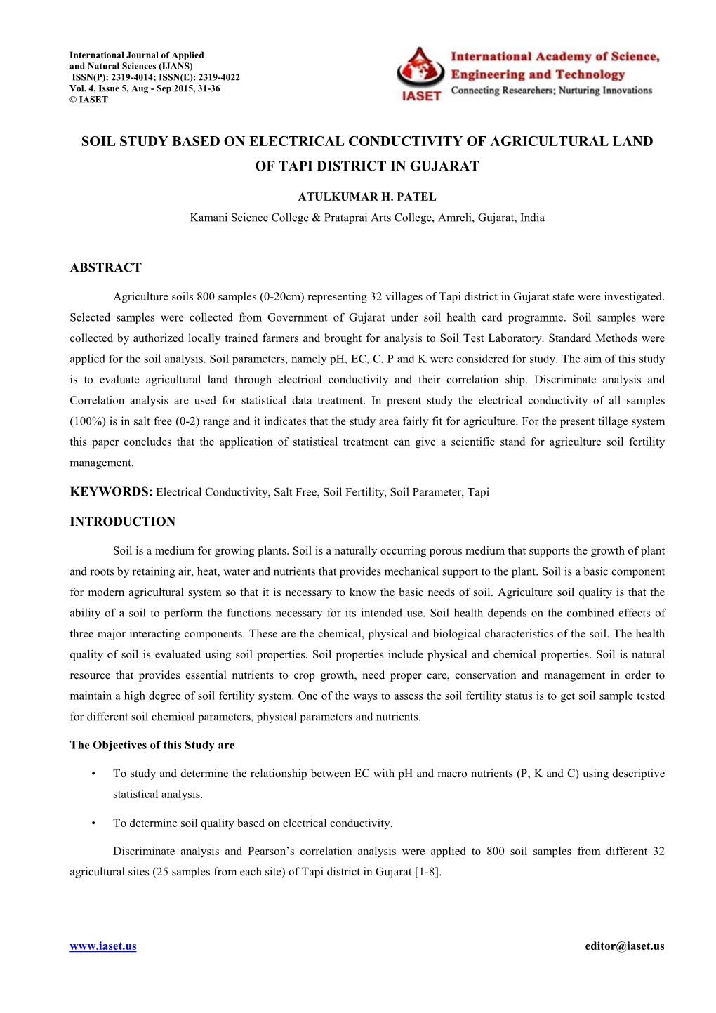 Soil Study Based on Electrical Conductivity of Agricultural Land of Tapi District in Gujarat