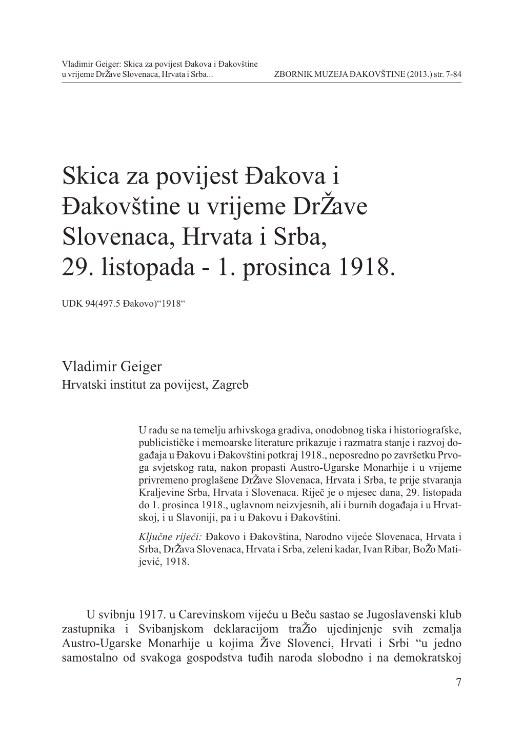 Skica Za Povijest Đakova I Đakovštine U Vrijeme Dr Ave Slovenaca, Hrvata