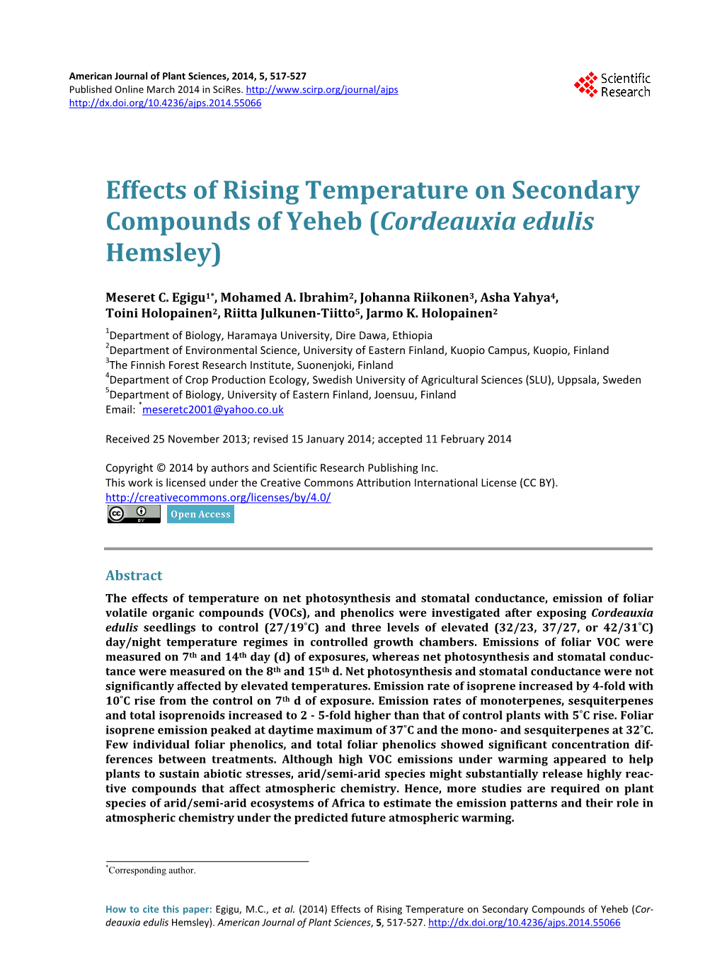Effects of Rising Temperature on Secondary Compounds of Yeheb (Cordeauxia Edulis Hemsley)